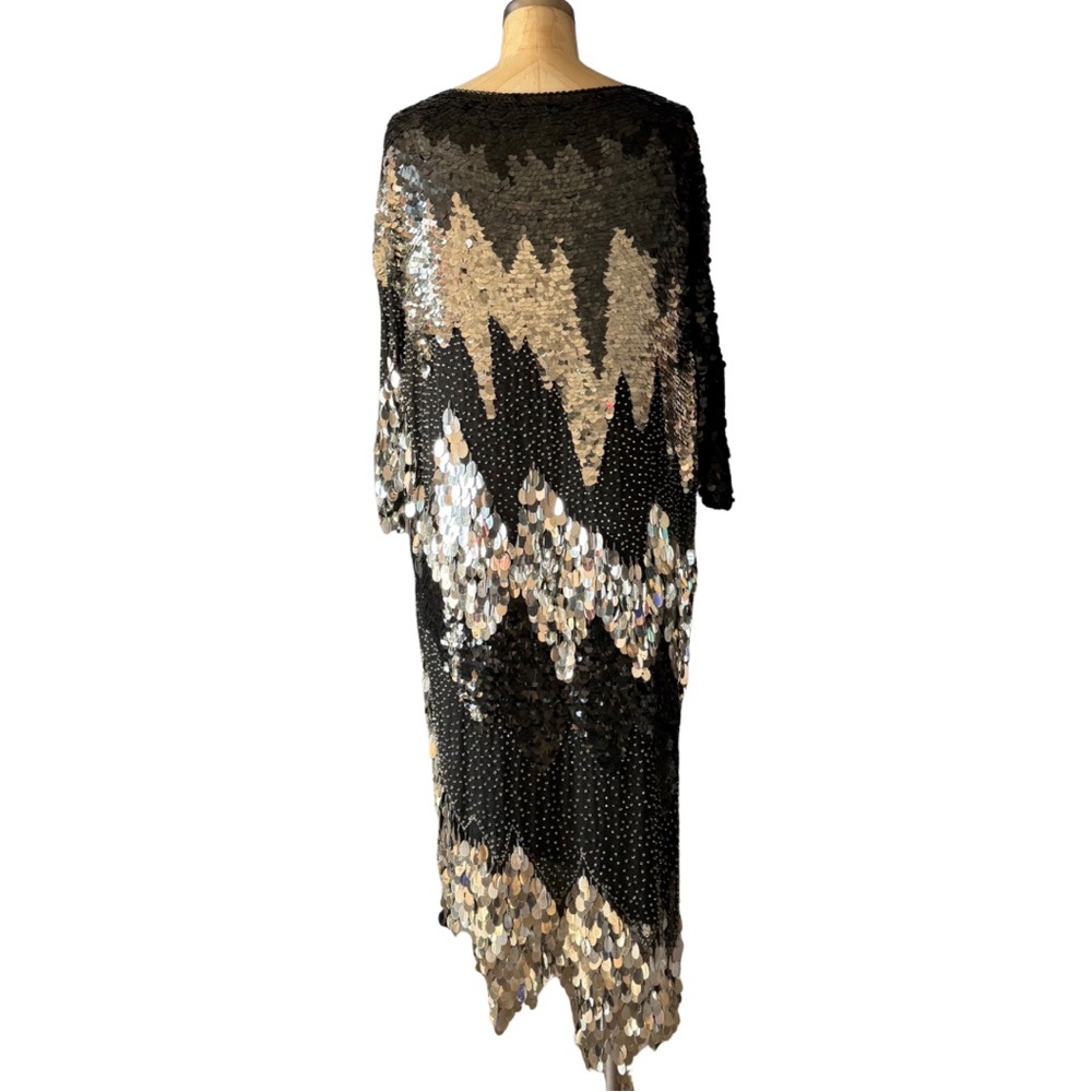 1980 Oleg Cassini Asymmetrical Cocktail Dress Black and Silver Sequins Size 10 - Picture 3 of 11